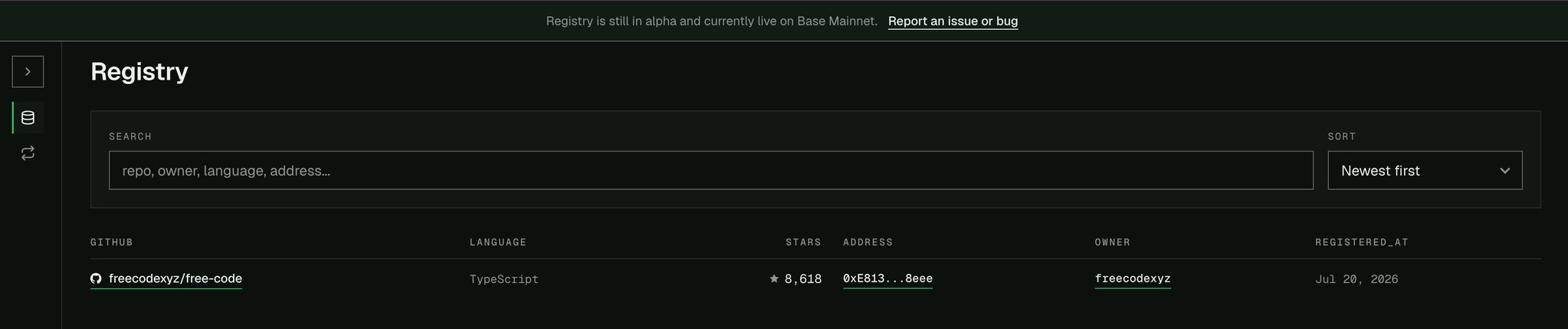 A screenshot of a Registry interface on Base Mainnet displaying a single entry for "freecodexyz/free-code" (TypeScript, 8,618 stars, address 0xE813...8eee, registered Jul 20, 2026), confirming the first mainnet-minted repository identity key alongside the milestone of reaching 8.6k GitHub stars.