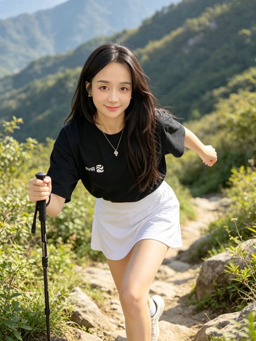 A young woman with long dark hair, wearing a black t-shirt and white skirt, hiking on a rocky mountain trail with a trekking pole.