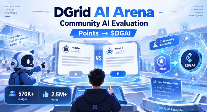 A promotional banner for 'DGrid AI Arena Community AI Evaluation' showing a comparison between Model A and Model B, with statistics including '570k+ Judges' and '2.5M+ Votes' for Points to $DGAI.