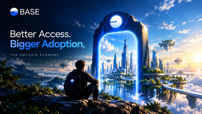 A promotional banner for BASE reads "Better Access. Bigger Adoption. THE ONCHAIN ECONOMY", featuring a digital artwork of a person sitting on a cliff looking toward a glowing portal and a futuristic floating city.