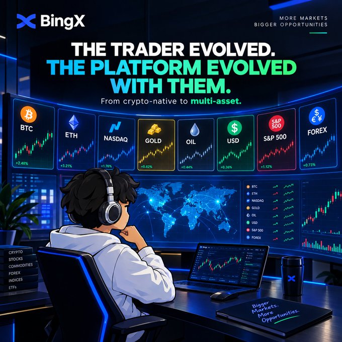 A BingX promotional graphic titled "THE TRADER EVOLVED. THE PLATFORM EVOLVED WITH THEM. From crypto-native to multi-asset." features an anime-style trader with headphones analyzing a multi-screen dashboard displaying tickers for BTC, ETH, NASDAQ, GOLD, OIL, USD, S&P 500, and FOREX, visually reinforcing the post's message about traders naturally expanding their perspective from crypto to interconnected global markets.