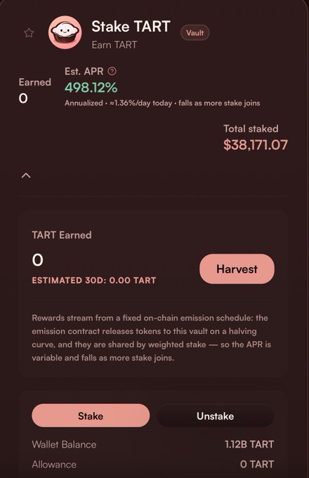 A screenshot of a 'Stake TART' vault showing an Estimated APR of 498.12%, with Total staked of $38,171.07 and wallet balance of 1.12B TART.