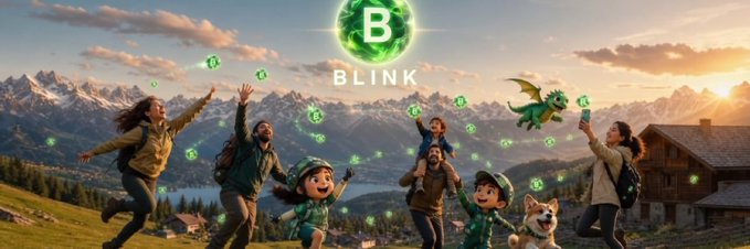 A family joyfully plays outside in a mountainous landscape with floating green "$BLINK" tokens and a cartoon dragon, illustrating the GameFI token's "Pokemon Go"-style concept of catching AR creatures in the real world. The "BLINK" logo at the top reinforces the project's branding and ticker symbol.