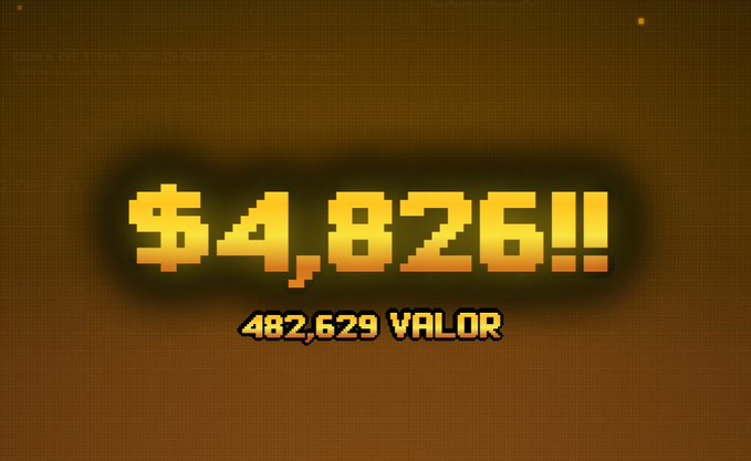 Pixel-art style graphic displaying '$4,826!!' in glowing yellow text with '482,629 VALOR' written below on a brown background.