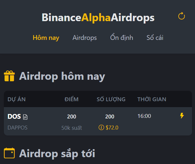 A screenshot of the BinanceAlphaAirdrops webpage in Vietnamese, displaying an 'Airdrop hôm nay' section for the DOS project on DAPPOS with 200 points at $72.0 scheduled for 16:00.
