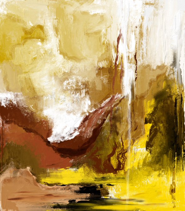 Abstract painting featuring bold brushstrokes in yellow, brown, white, and olive green tones, with a textured, layered composition resembling a landscape.