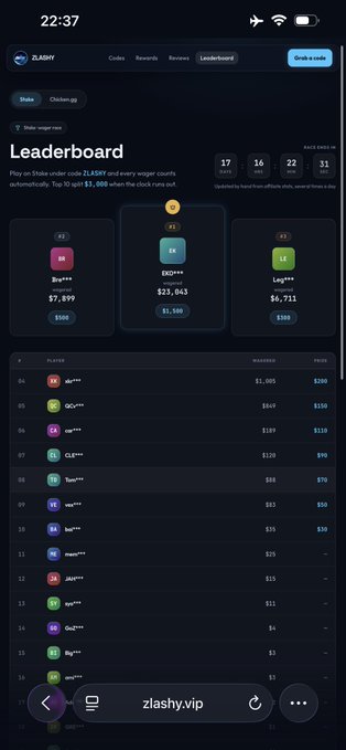 A mobile screenshot of the ZLASHY.vip website showing a leaderboard ranking users by wagered amounts, with a timer indicating 22:37 remaining.