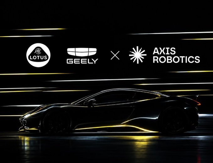 A dark side-profile image of a Lotus sports car with 'LOTUS x GEELY' and 'AXIS ROBOTICS' logos displayed above it against yellow and white light streaks.