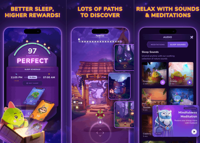 A promotional display of three smartphone screens for a sleep and meditation app, advertising 'BETTER SLEEP, HIGHER REWARDS!', 'LOTS OF PATHS TO DISCOVER,' and 'RELAX WITH SOUNDS & MEDITATIONS.'