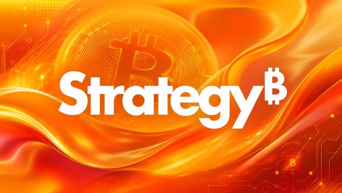 An orange and yellow graphic featuring a Bitcoin symbol with the word 'Strategy' written across it.