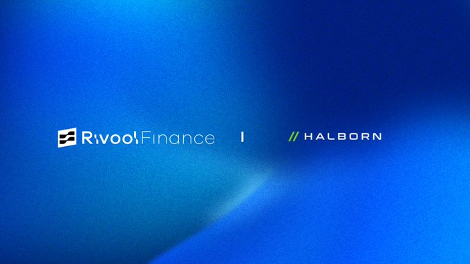 A blue gradient background displays the logos 'Rivool Finance' and 'HALBORN' side by side.