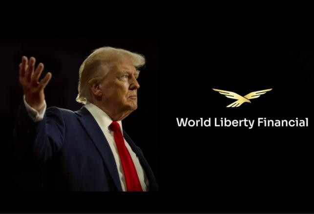 An image showing Donald Trump in a dark suit and red tie with his hand raised, displayed alongside the gold eagle logo and text 'World Liberty Financial' on a black background.