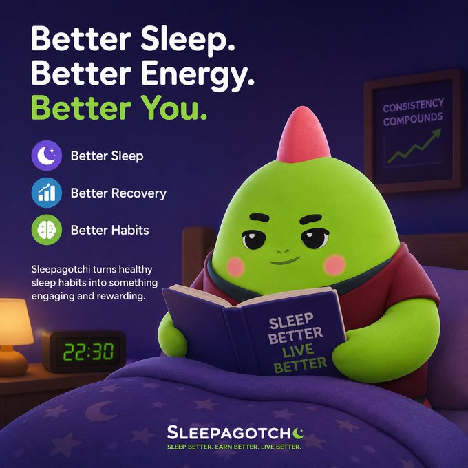 A Sleepagotchi advertisement featuring a green dinosaur character reading "SLEEP BETTER LIVE BETTER" with text "Better Sleep. Better Energy. Better You." and bullet points for Better Sleep, Better Recovery, and Better Habits, with a clock showing 22:30.