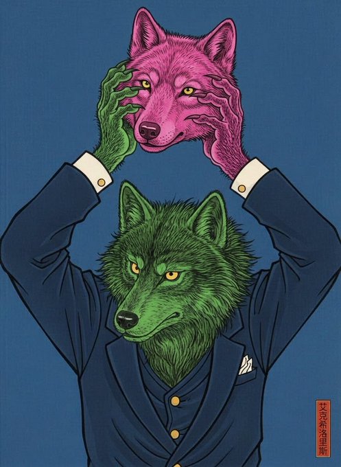 An illustration by 戈先森西里 (as noted in the red seal) depicts a green wolf-headed figure in a suit holding a pink wolf mask above its head.