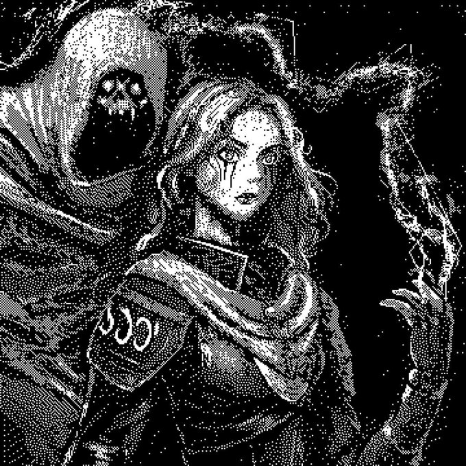 A black and white stylized illustration depicts a figure in a hooded cloak with a skull face looming behind a person with a tearful, wide-eyed expression, holding a book with gothic lettering.