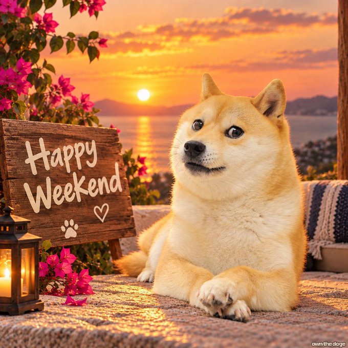 A Shiba Inu dog lying on a mat at sunset by the ocean, next to a wooden sign that reads 'Happy Weekend' with a paw print and heart, surrounded by pink flowers and a lantern.