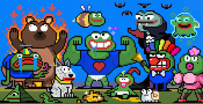A pixel art illustration featuring various cartoon characters, including a frog with a heart on its chest, a bear with flames, a wolf, and several other creatures against a blue sky with bats and butterflies.