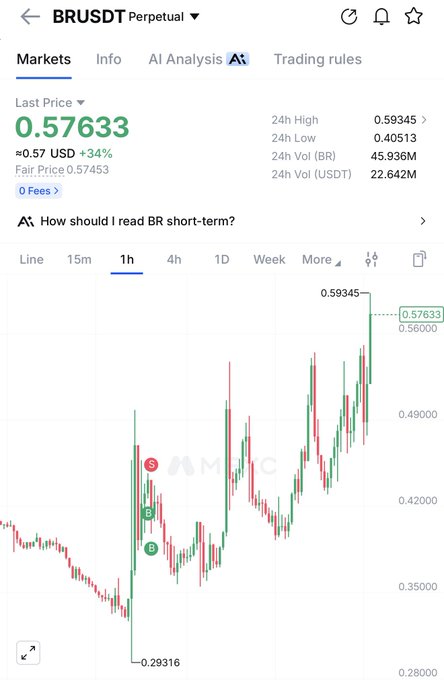 A crypto trading chart displays BRUSDT Perpetual at a current price of $0.57633, showing a recent peak of $0.59345 on the 1-hour timeframe—aligning with the "$br TP1" (take profit 1) reference as the price hit that target high before pulling back slightly.