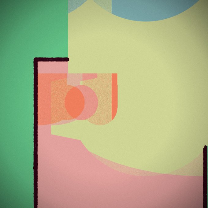 An abstract geometric composition featuring overlapping shapes in pastel green, yellow, pink, and coral, with an orange circle element on the left.