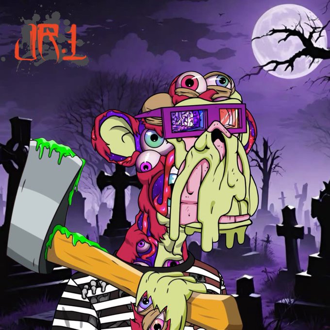 A vibrant, grotesque cartoon illustration by UR1 depicts a monstrous character with multiple eyes and a hammer in a spooky graveyard setting with a full moon.