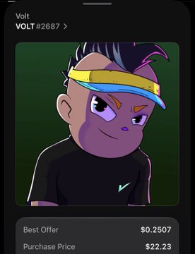 A digital NFT card app showing a cartoon character named 'Voit' (#2687) with a blue and yellow headband, listed with a 'Best Offer' of $0.2507 and 'Purchase Price' of $22.23.