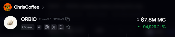 A screenshot showing a cryptocurrency listing for ORBIO with address 0xaa07...3128a3, displaying a market cap of $7.8M MC and a 194,929.21% increase under the ChrisCoffee profile.