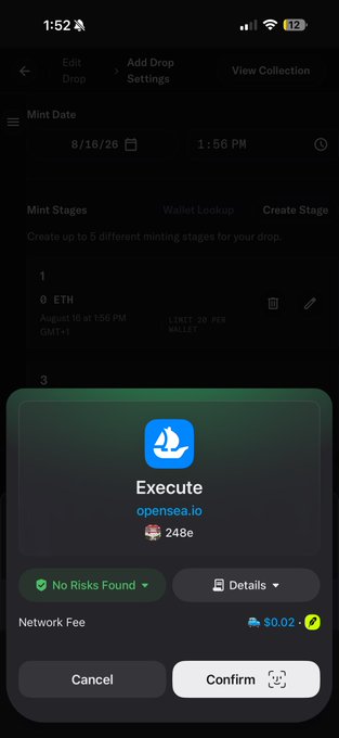 A mobile screenshot shows an OpenSea "Execute" confirmation prompt requiring 248e (likely an insufficient balance or error code) for minting, with a 0.02 ETH network fee, illustrating the user's frustration about being unable to sign transactions despite having ETH in their wallet.