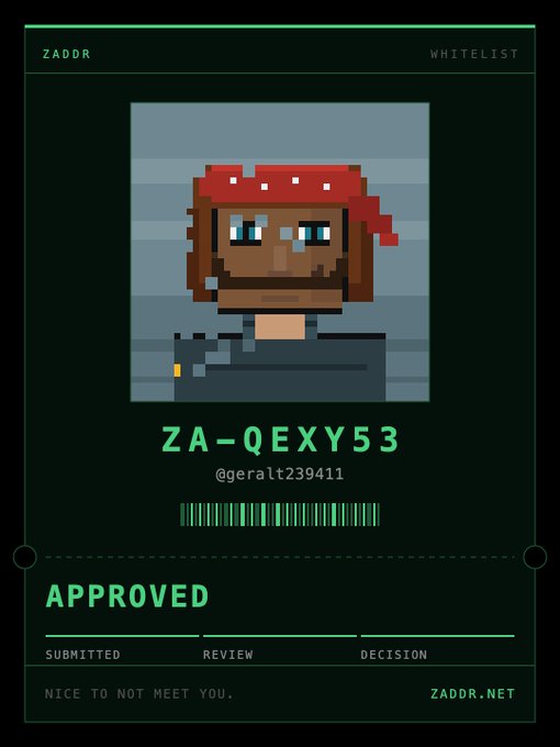ZADDR approval card for @gera1t239411 with code ZA-QEXY53.