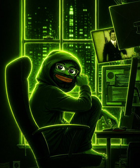 A green-tinted digital illustration of a hooded figure with a cartoonish grinning mask sitting at a computer setup, with a photo of a man visible on a monitor in the background.