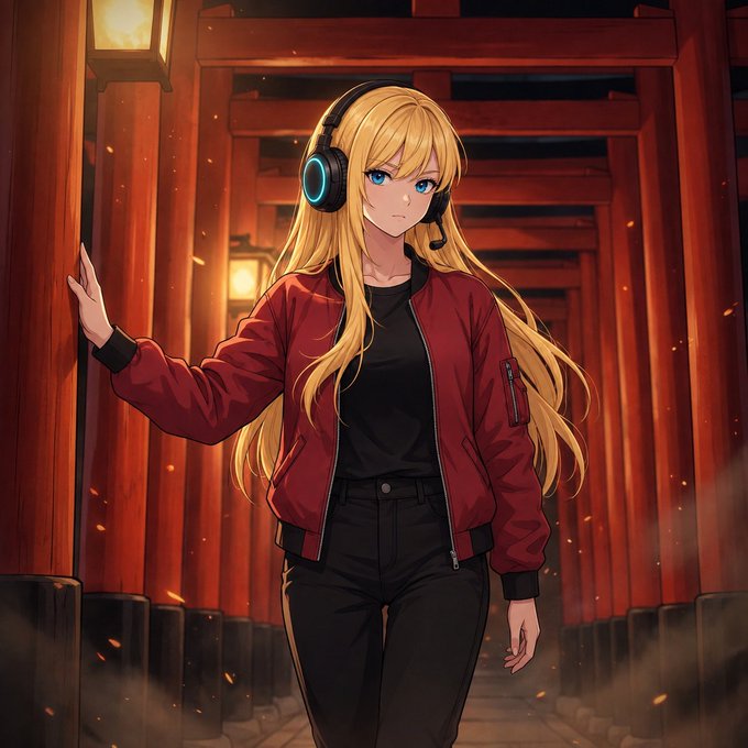 An anime-style illustration of a blonde girl wearing headphones and a red bomber jacket standing in a traditional Japanese torii gate setting.