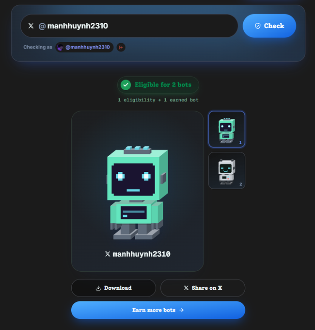 A digital bot verification interface showing a teal pixel-art robot character with the handle '@manhhuynh2310', indicating eligibility for 2 bots with options to download or share.