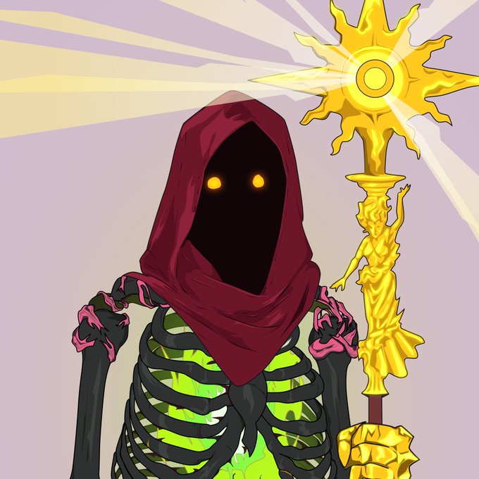 A hooded skeletal figure with glowing orange eyes and a green-illuminated ribcage holds a radiant golden sun staff featuring an ornate female figure, embodying the mystical and powerful aesthetic of the Bonez NFT collection teased in the post.