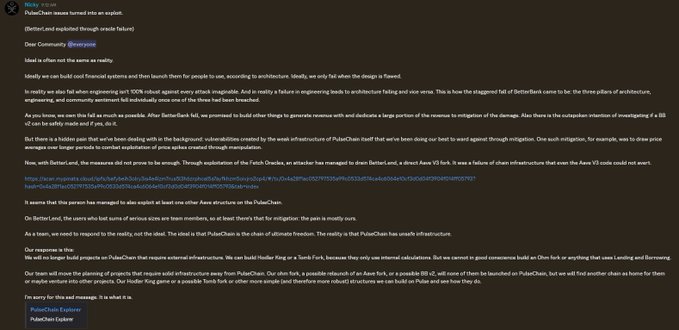 A screenshot shows a community update from BetterBank announcing that BetterLend has been "drained through unsafe failure" via an exploit of its PulseChain oracle, with the team stating they no longer believe in PulseChain's infrastructure and detailing their response plans.