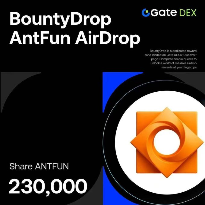 A promotional graphic from Gate DEX announces a BountyDrop airdrop for AntFun (ANTFUN), featuring their orange square logo and offering participants a chance to share 230,000 ANTFUN tokens. The image reinforces the campaign details by highlighting the reward pool and Gate DEX branding alongside the call to complete tasks such as trading and following on social media.