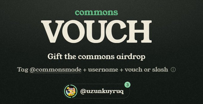 Dark promotional graphic for 'commons VOUCH' offering to gift the commons airdrop, showing instructions to tag @commonsmade + username + vouch or slash.