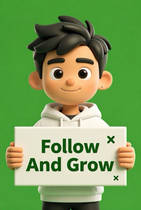3D cartoon character with black hair and a white hoodie holding a sign that reads 'Follow And Grow' against a green background.