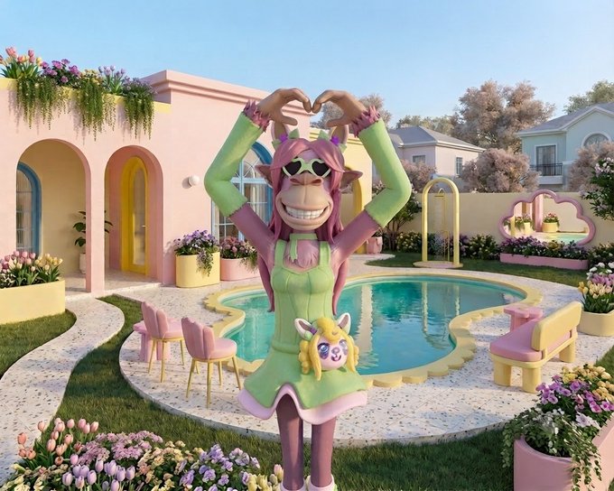 A surreal pastel-colored scene featuring a cartoonish character with a wide smile and green outfit forming a heart shape with their hands, standing in front of a pink house and swimming pool.