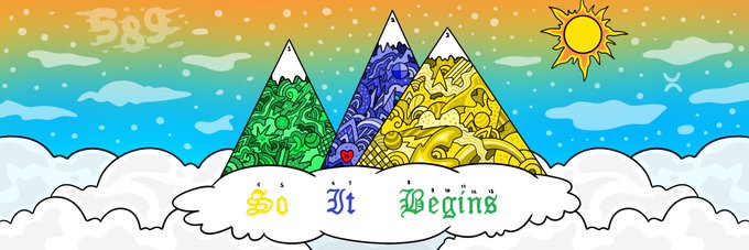 A colorful illustration of three patterned mountains under a sun with text reading "So It Begins" and "Sag".
