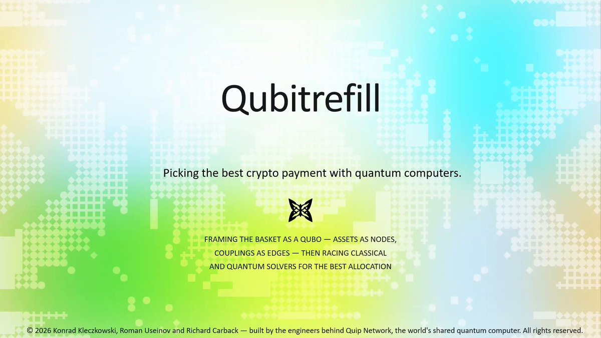 The image features a poster for Qubitrefill, which is an online payment platform designed to help users pick the best cryptocurrency payment option based on their portfolio's specific requirements. The poster includes text that reads "quipnetwork keeps showing up in unexpected places. At the Berlin hackathon, they built Qubitrefill using Zcash and JoinWebZero a quantum optimizer that scans your portfolio and picks the asset to spend on bitrefill". This suggests that Qubitrefill is not only about payments but also about optimizing one's cryptocurrency investments for better returns.

The poster has a colorful background with various shapes, including circles, squares, and triangles in different shades of blue, green, yellow, and white. The text "quipnetwork keeps showing up in unexpected places" emphasizes the uniqueness of Qubitrefill as an innovative payment platform that stands out from traditional methods.