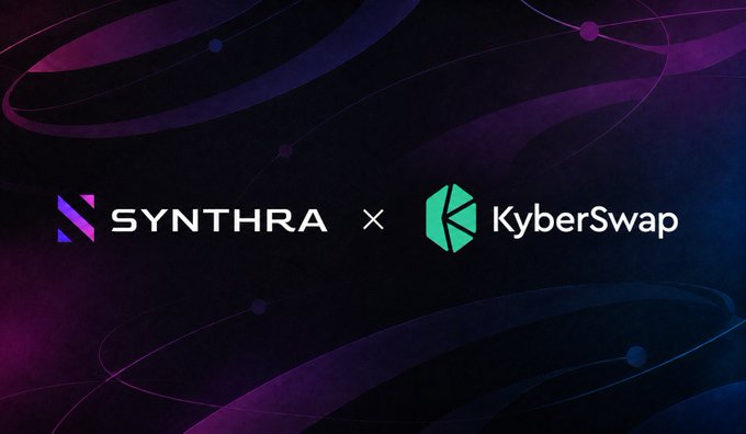 A collaboration announcement banner featuring the SYNTHRA and KyberSwap logos with a '×' between them against a purple abstract background.