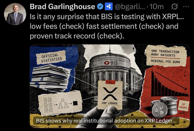 Brad Garlinghouse (@bgarlingtonhouse), CEO of Ripple, tweets "Is it any surprise that BIS is testing with XRPL... low fees (check) fast settlement (check) and proven track record (check)," accompanied by an infographic featuring the BIS (Bank for International Settlements) building and the XRP Ledger logo, highlighting statistics on official statistics, minimal fee burn, and transaction datasets.