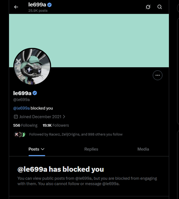 A screenshot of the Twitter/X profile for 'le699a' showing a blue dragon-like cartoon avatar, 19.1K Followers, and indicating that '@le699a has blocked you'.