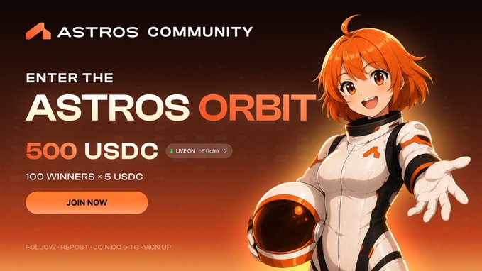A promotional banner for the Astros Community campaign featuring an anime-style orange-haired astronaut mascot in a white spacesuit holding a helmet. The banner advertises "ASTROS ORBIT" with a 500 USDC prize pool distributed among 100 winners (5 USDC each), directly matching the post's details about the random raffle campaign.