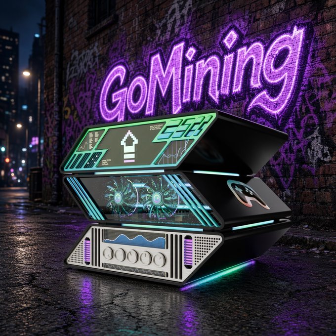 A futuristic, neon-lit device labeled 'GoMining' sits on a wet street against a graffiti-covered brick wall illuminated with purple lighting.