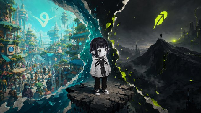 An anime-style digital artwork showing a black-haired character standing on a cliff, with a vibrant paradise city on one side and a dark dystopian industrial landscape on the other, both displaying location-pin logos.