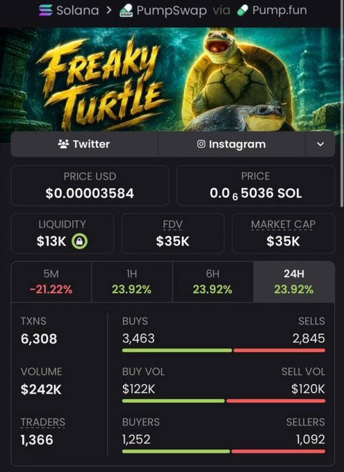 A crypto analytics dashboard for "Freaky Turtle" ($turtle) on Solana via PumpSwap/Pump.fun, showing the token at $0.00003584 with $13K liquidity, $35K market cap, and a 24H gain of 23.92% across 6,308 transactions involving 1,366 traders.