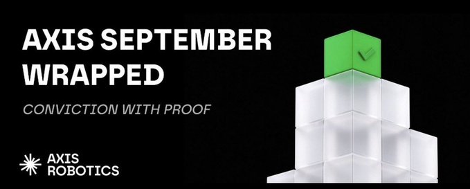 The image is a promotional graphic for "Axis September Wrapped: Conviction with Proof," featuring Axis Robotics' logo alongside a 3D rendering of stacked translucent cubes topped with a green checkmarked block, visually reinforcing the milestone-driven recap of the brand's September achievements including 5M+ robot transactions on Base and community engagement milestones.