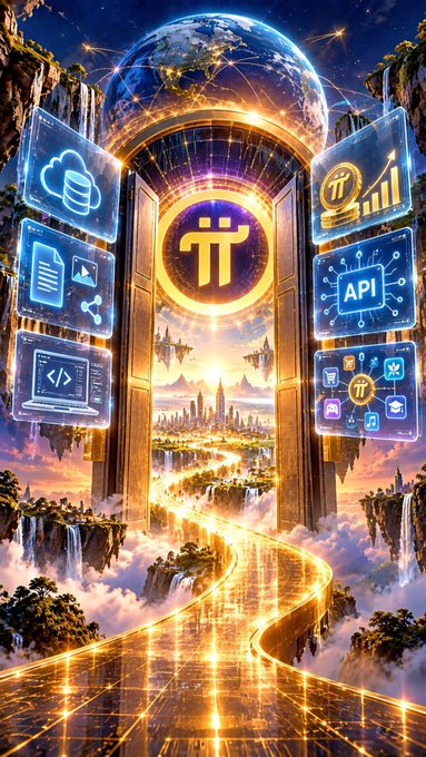 A vibrant fantasy digital artwork featuring the Pi Network logo at the center of a golden gateway, surrounded by floating tech interface panels (cloud, documents, API, charts) above a glowing path through clouds.