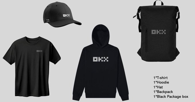 The image features a collection of clothing items, including shirts, hats, and backpacks, all displayed together for sale. The clothing items are arranged in an appealing manner, with each item clearly visible and easily accessible. The post appears to be promoting a product line or brand, as indicated by the text "OKX 信仰级黑武士周边大放送". This suggests that the clothing items are designed for a specific target audience, likely targeting customers who appreciate quality and style. The image effectively showcases the variety of products available in this collection while also highlighting their features and benefits to potential buyers.