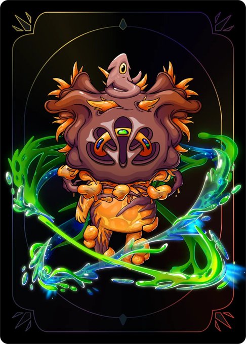 A tarot-style illustration of a creature with a mask-like face, surrounded by swirling green and blue energy.